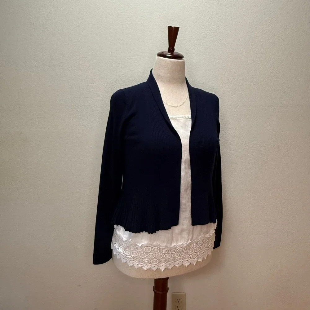 by Anthropologie Navy‎ Peplum Ribbed Open Front Cardigan Sweater Women XS